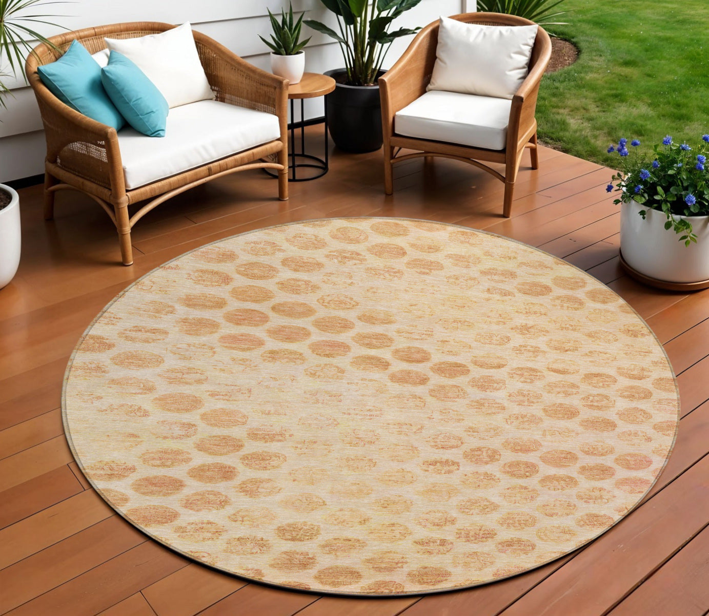 8 Peach And Rust Round Polka Dot Washable Indoor Outdoor Area Rug