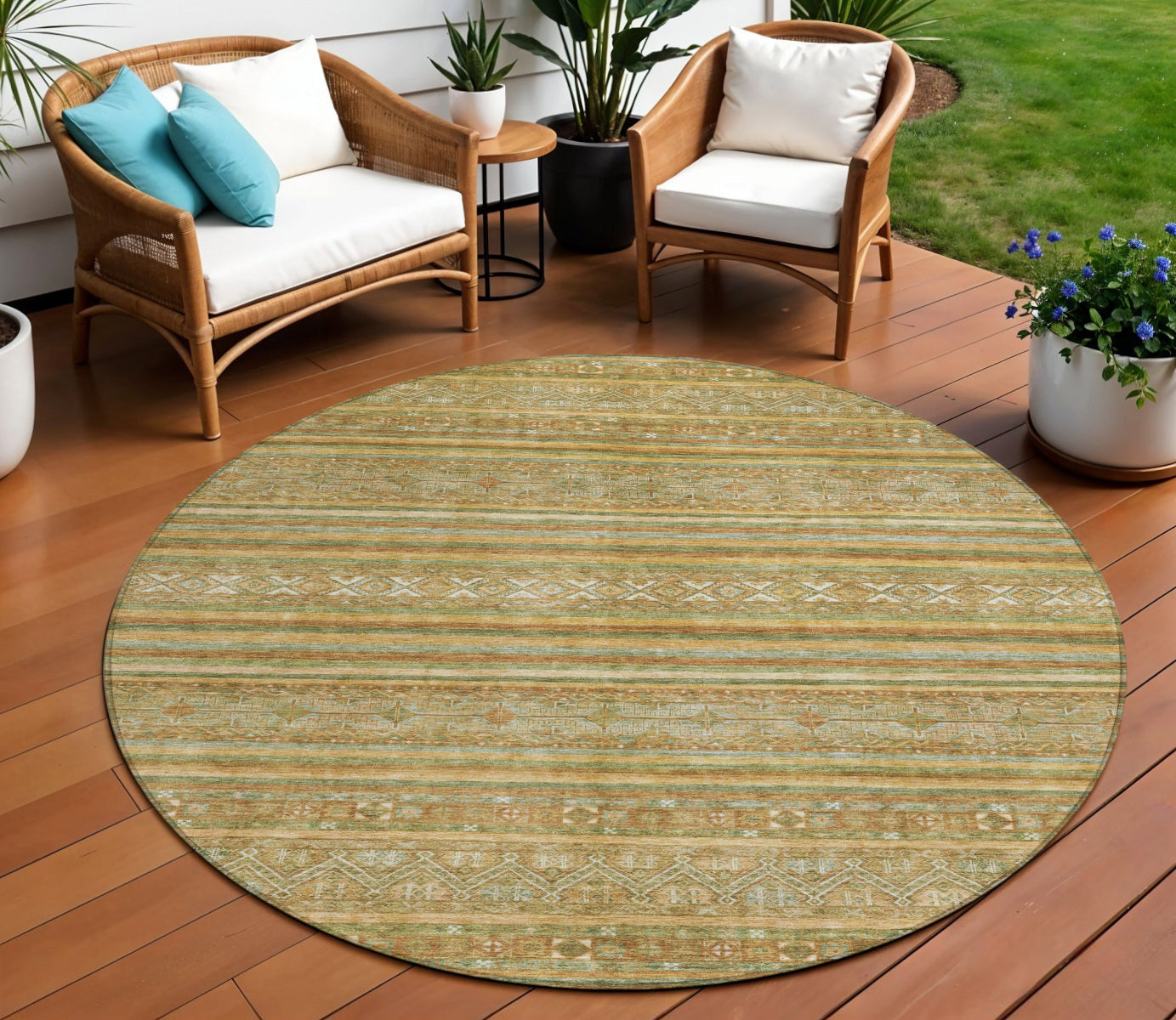 8 Artichoke Green Gold And Beige Round Southwestern Washable Indoor Outdoor Area Rug