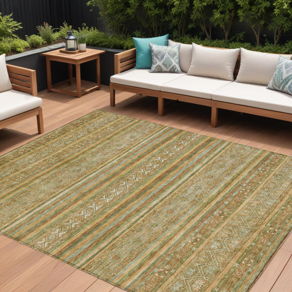 9 X 12 Artichoke Green Gold And Beige Southwestern Washable Indoor Outdoor Area Rug