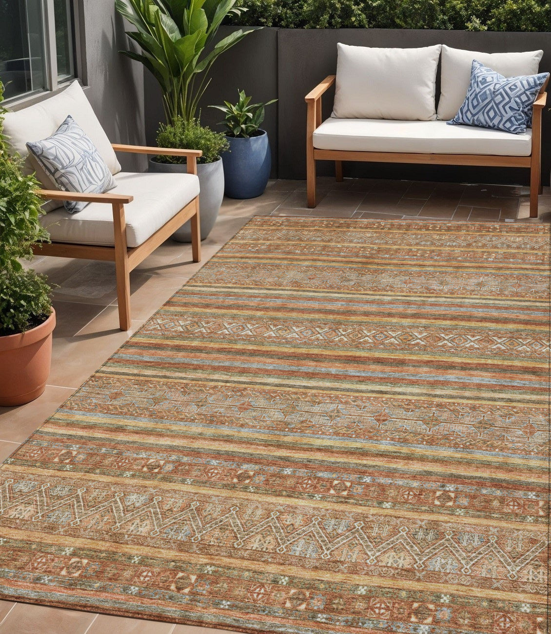 5 X 8 Terra Cotta Copper And Gray Southwestern Washable Indoor Outdoor Area Rug