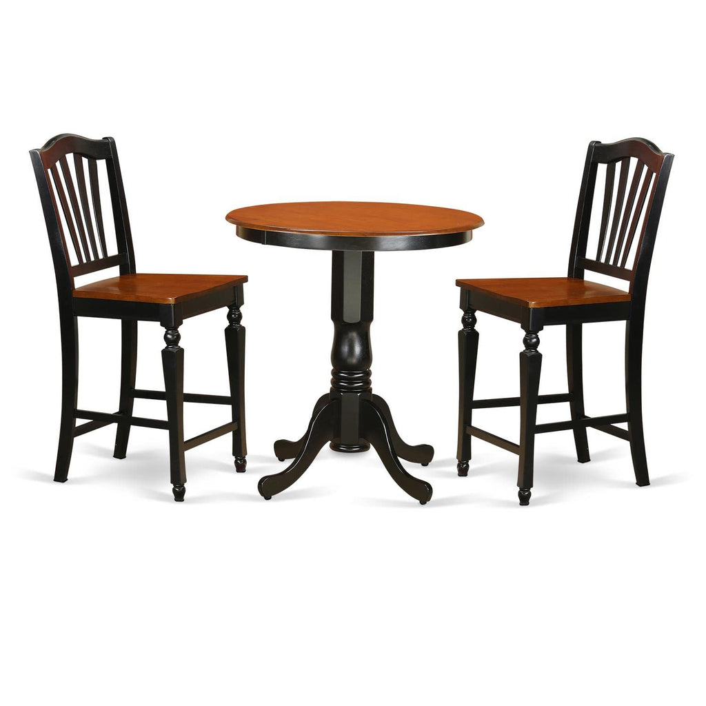 East West Furniture JACH3-BLK-W 3 Piece Kitchen Counter Height Dining Table Set Contains a Round Pub Table with Pedestal and 2 Dining Room Chairs, 36x36 Inch, Black & Cherry