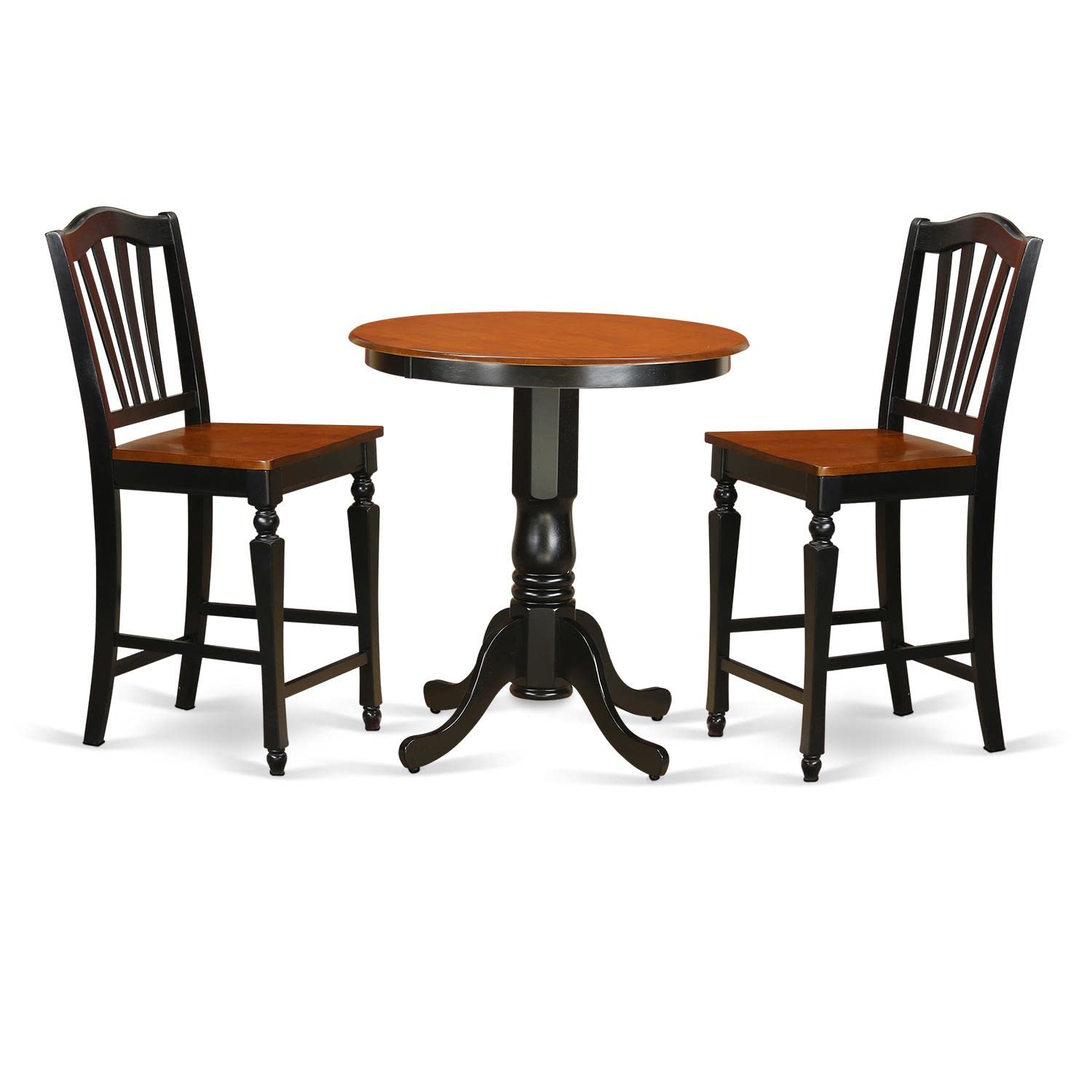 East West Furniture JACH3-BLK-W 3 Piece Kitchen Counter Height Dining Table Set Contains a Round Pub Table with Pedestal and 2 Dining Room Chairs, 36x36 Inch, Black & Cherry