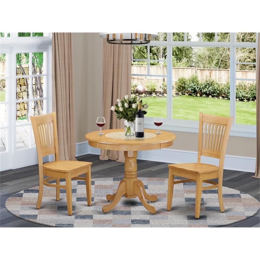 East West Furniture ANVA3-OAK-W 3 Piece Dining Table Set for Small Spaces Contains a Round Kitchen Table with Pedestal and 2 Dining Room Chairs, 36x36 Inch, Oak