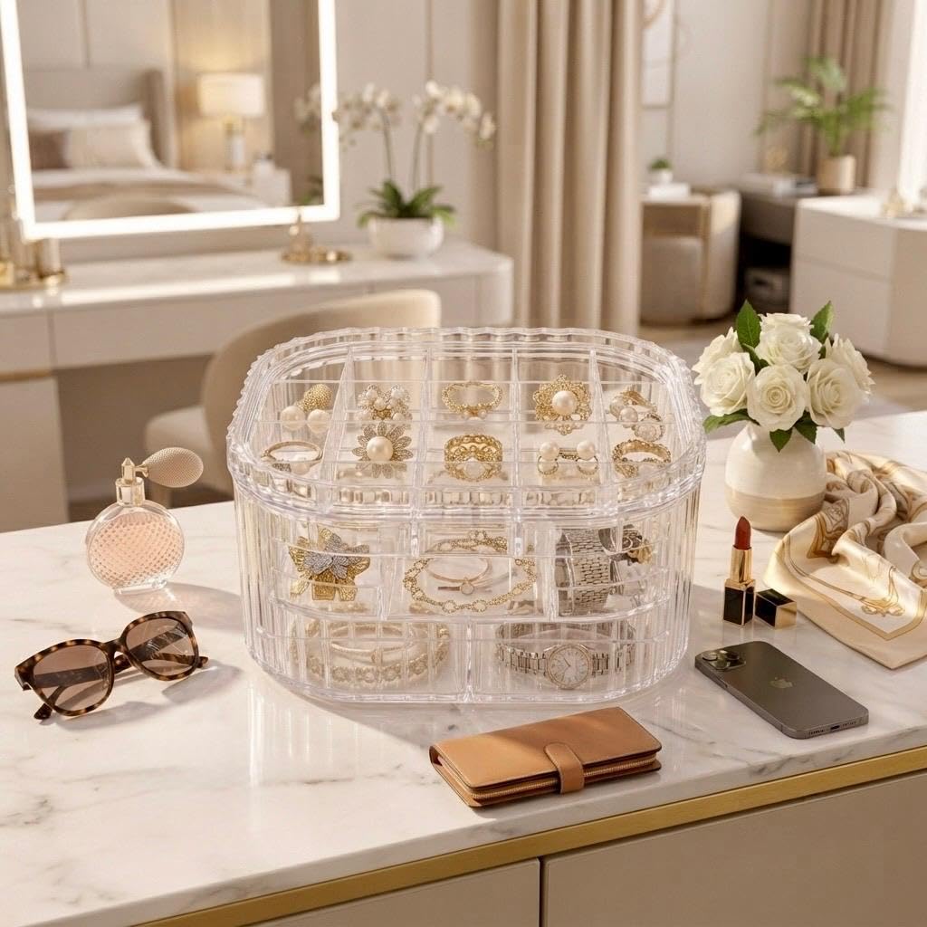 ZENION Jewellery Organiser Box with Lid, Elegant Storage Case for Rings, Earrings, Necklaces & Bracelets & Watches, TravelFrien