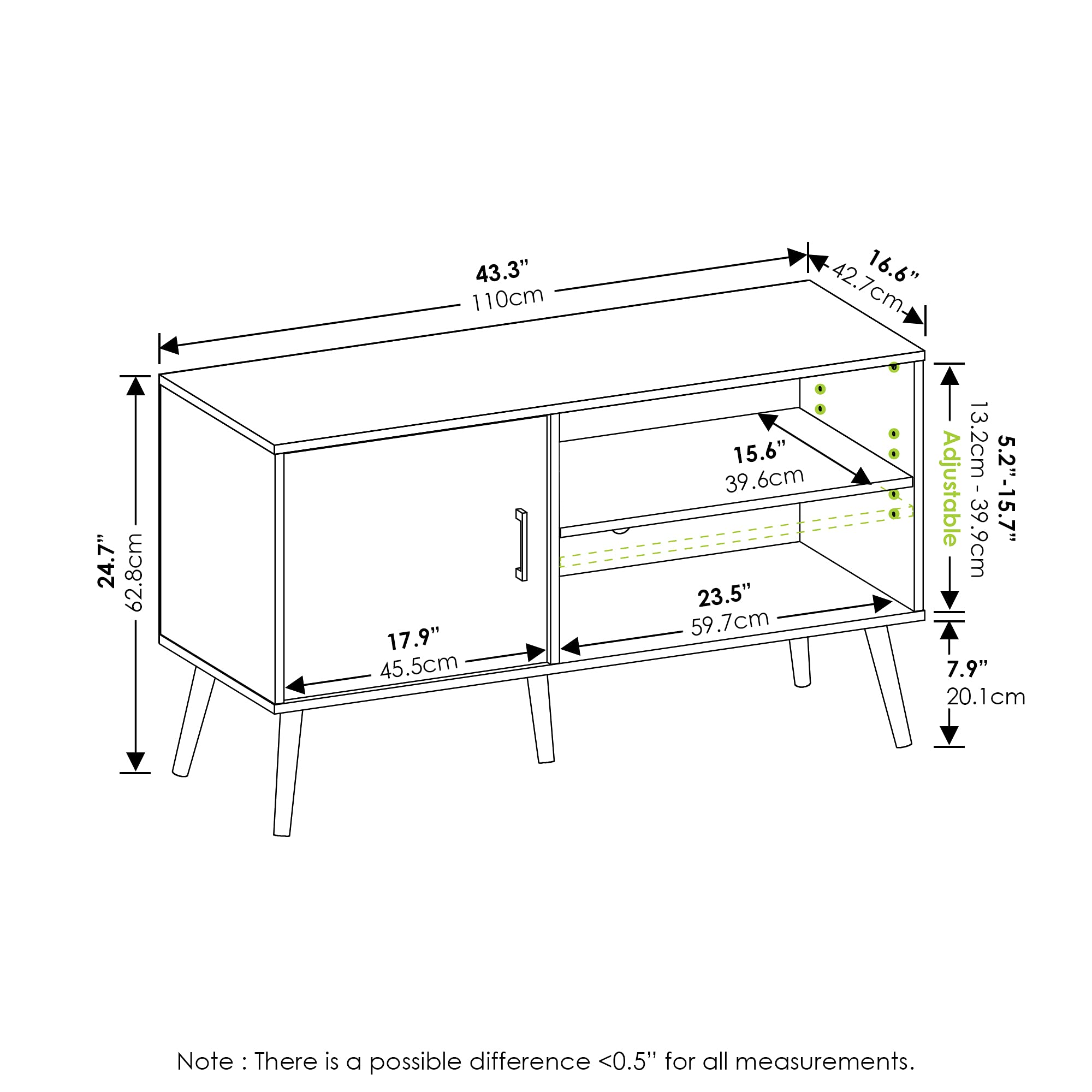 Furinno Claude Mid Century Style Stand with Wood Legs for TV up to 55 Inches, One Cabinet Two Shelves, French Oak
