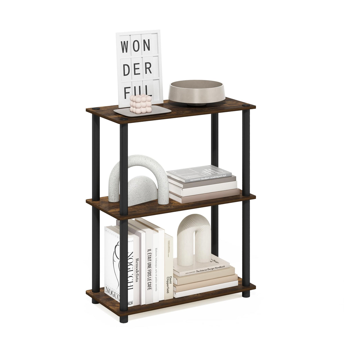Furinno Turn-N-Tube 3-Tier Compact Multipurpose Shelf Display Rack, Amber Pine/Black
