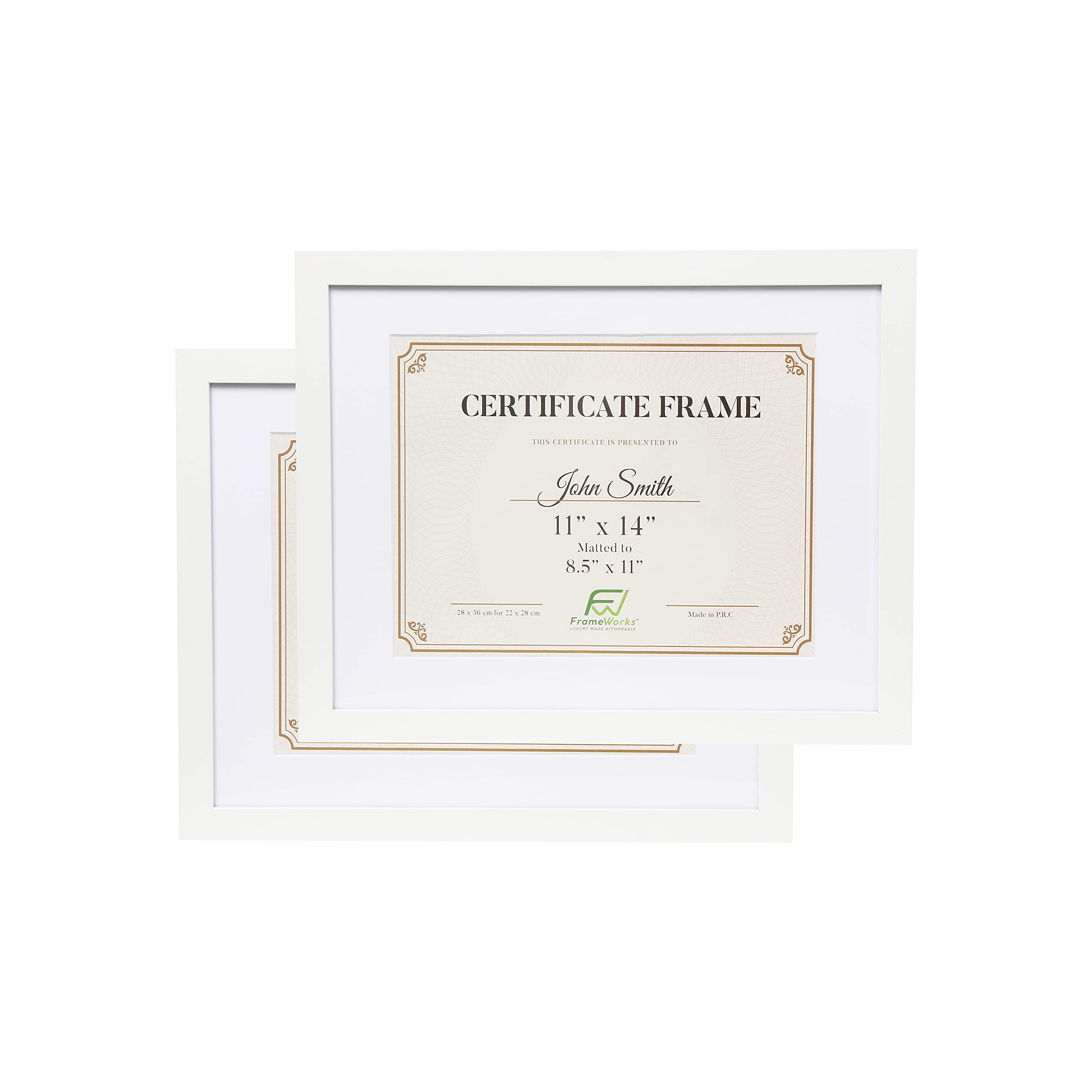 FrameWorks 11x14 mat to 8.5x11 Classic Wooden Document Frames Tempered Glass/White / 2-Pack
