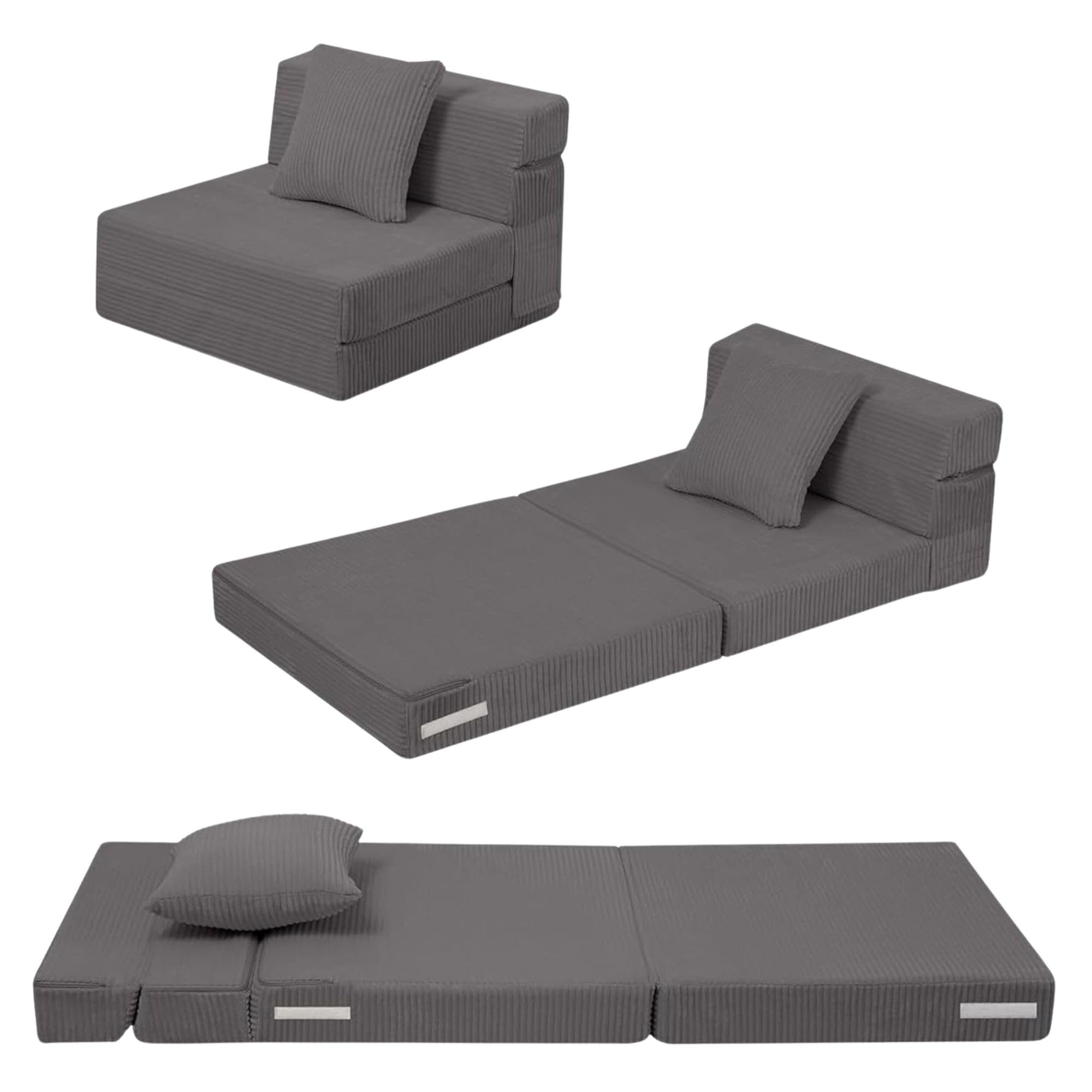 MeMoreCool Kids Folding Sofa Chair - Corduroy Floor Futon, Tri-Fold Mattress, Dark Grey, Portable, Washable Cozy Fold-Out Floor 