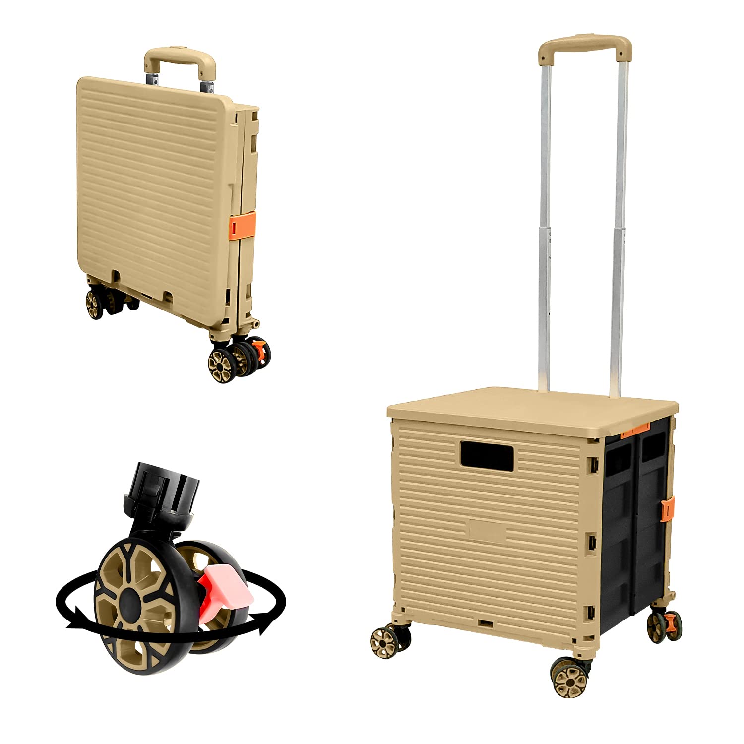 FELICON SELORSS Foldable Utility Cart Folding Portable Rolling Crate Handcart with Durable Heavy Duty Plastic Telescoping Handle