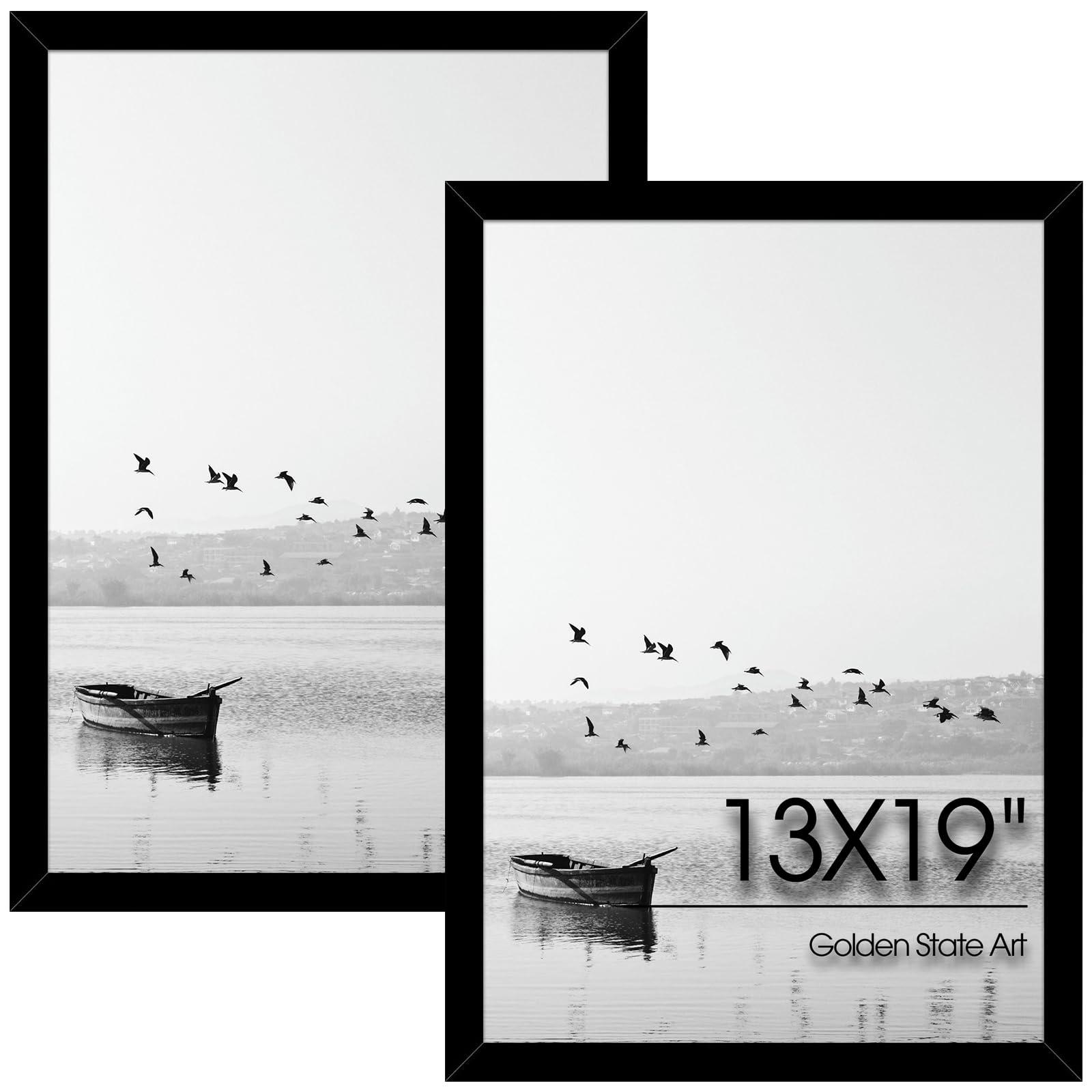 Golden State Art, Set of 2, 13x19 Black Wood Picture Frame - Displays 13x19 Photos - Real Glass, Sawtooth Hanger, Swivel Tabs - 