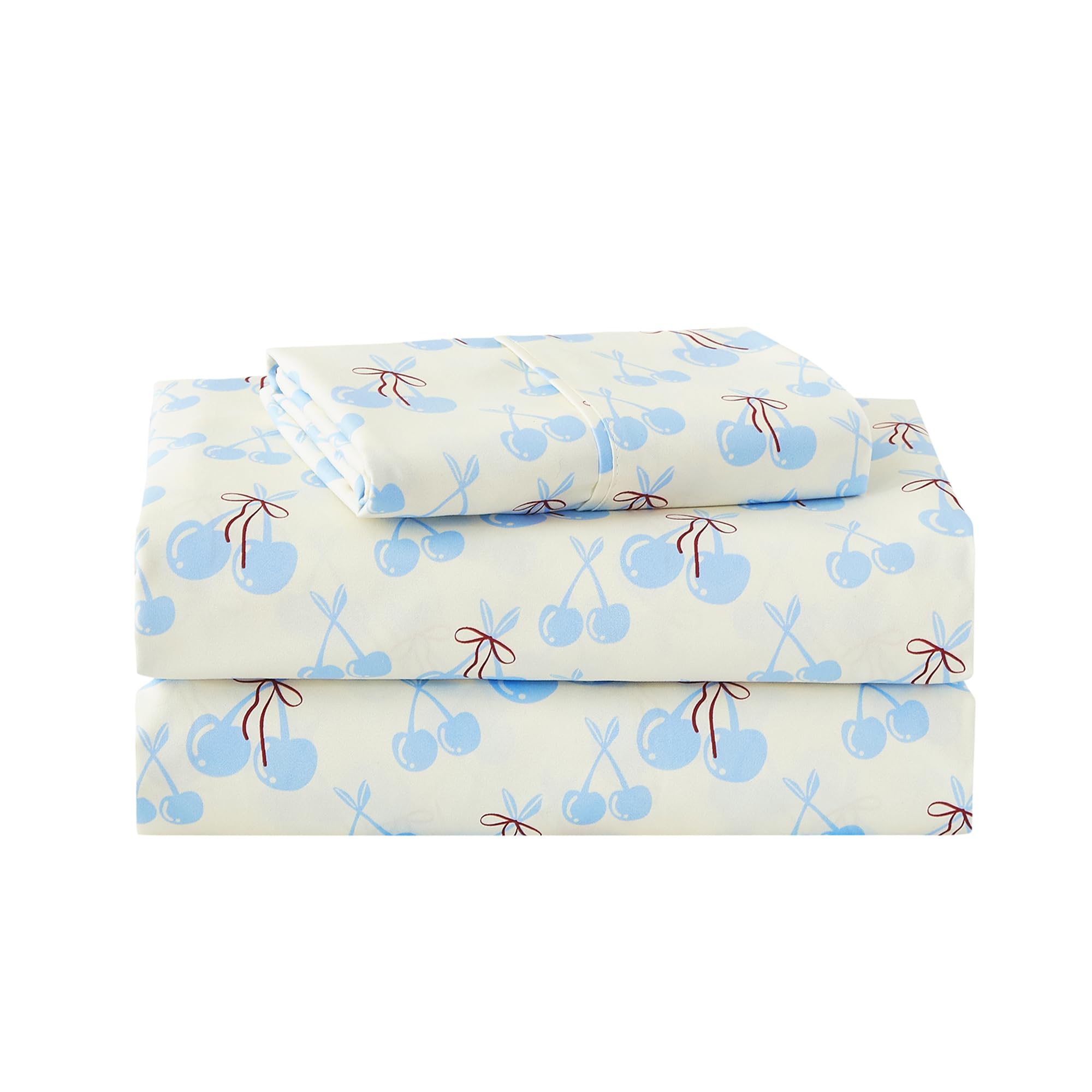 lasoftan Kids Sheet Set Twin Size, Twin Sheet Set with Blue Cherry Pattern,Breathable Silky Soft Microfiber Kids Fitted Sheet