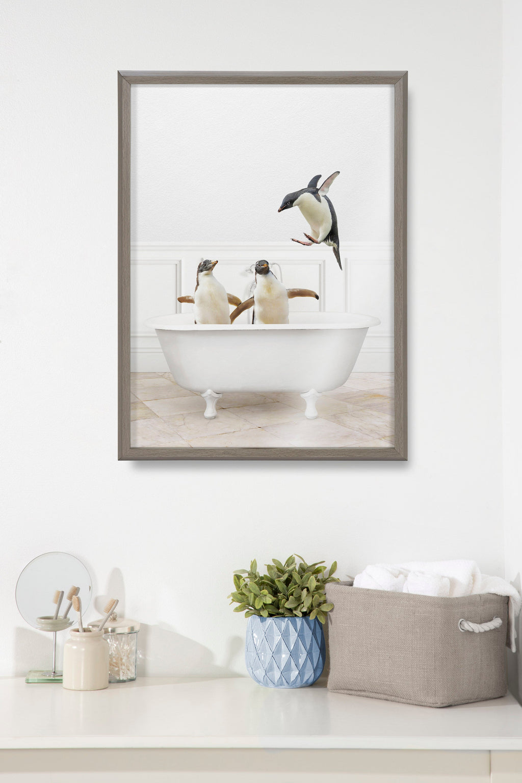 Blake Penguins Bathroom Framed Printed Glass by Amy Peterson Art Studio