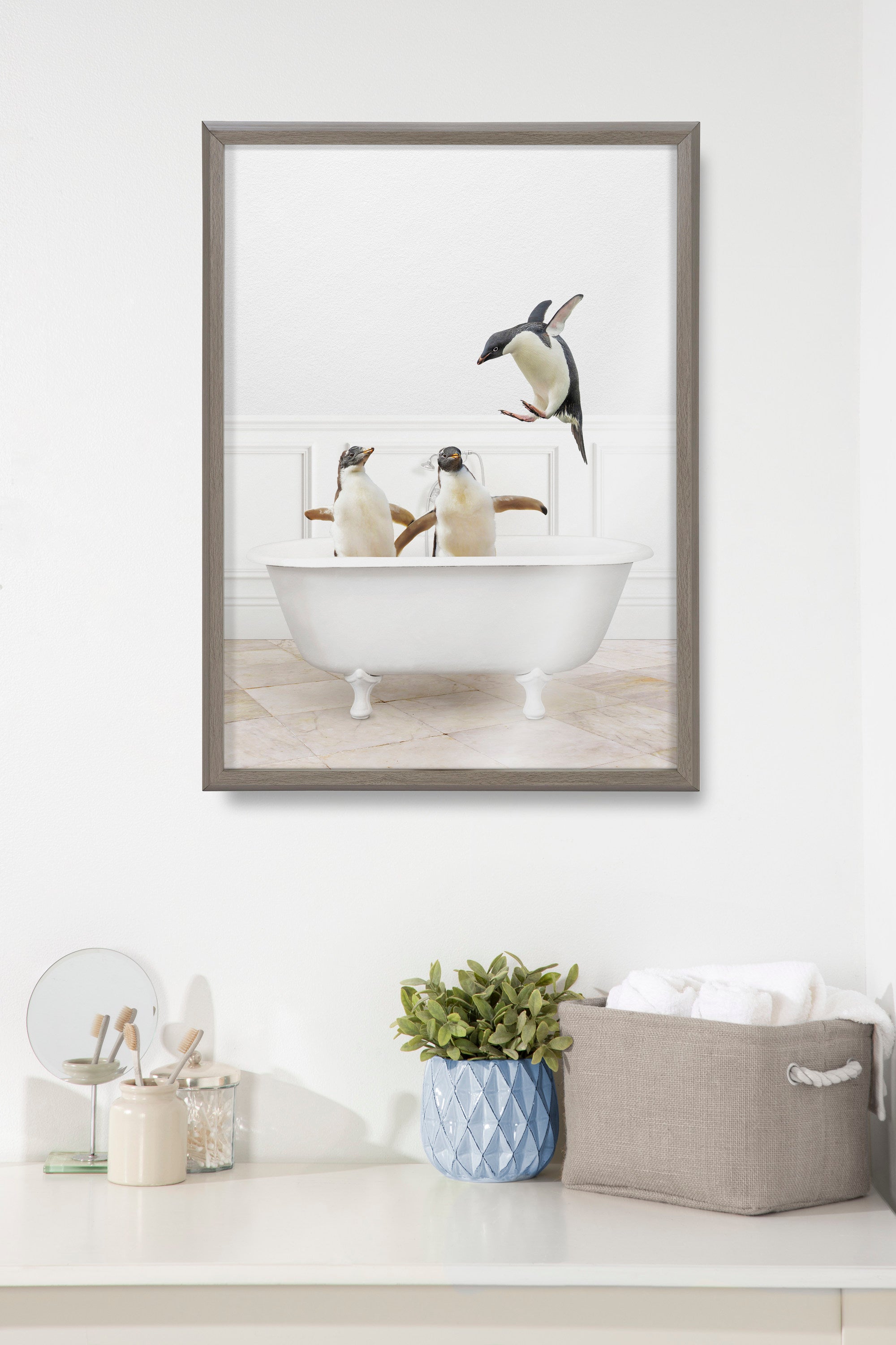 Blake Penguins Bathroom Framed Printed Glass by Amy Peterson Art Studio