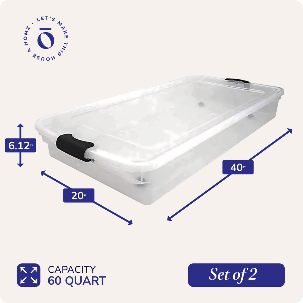 Homz 60 Quart Multipurpose Slim Under Bed Storage Container Bins W/Secure Latch Lid & Wheels For Underbed, Home Or Office Organi