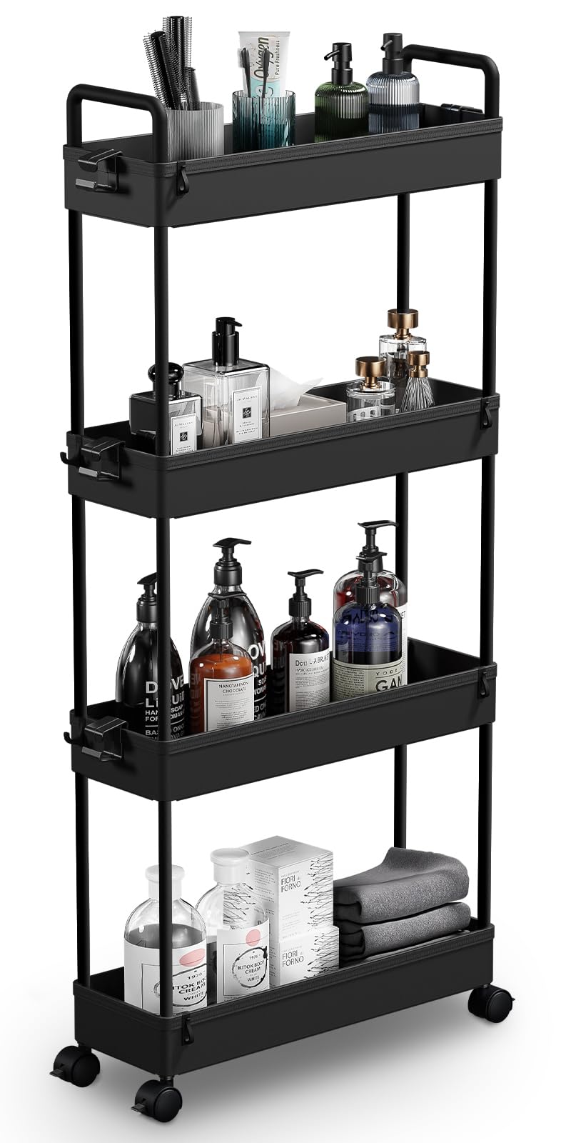 Solejazz Slim Rolling Storage Cart With Wheels 4 Tier Skinny Bathroom Storage Organizer Narrow Shelf Unit Thin Laundry Room Utility Cart For Bedside Kitchen Office Next To Fridge Small Places, Black