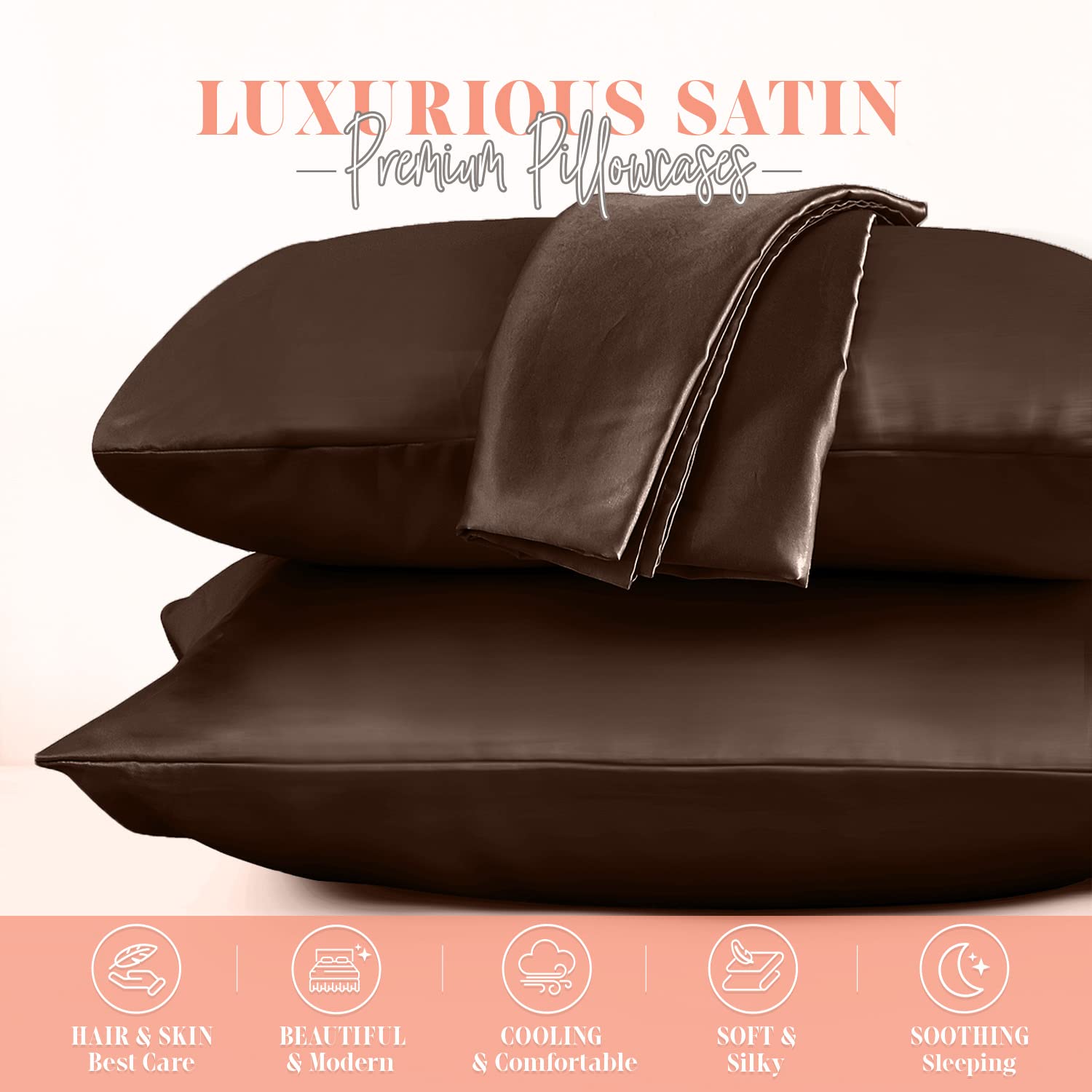 Elegant Comfort Silky And Luxurious 2-Piece Satin Pillowcase Set For Healthier Skin And Hair, Hidden Zipper Closure And Beautifully Packaged, Satin Pillowcase Set, King, Chocolate Brown