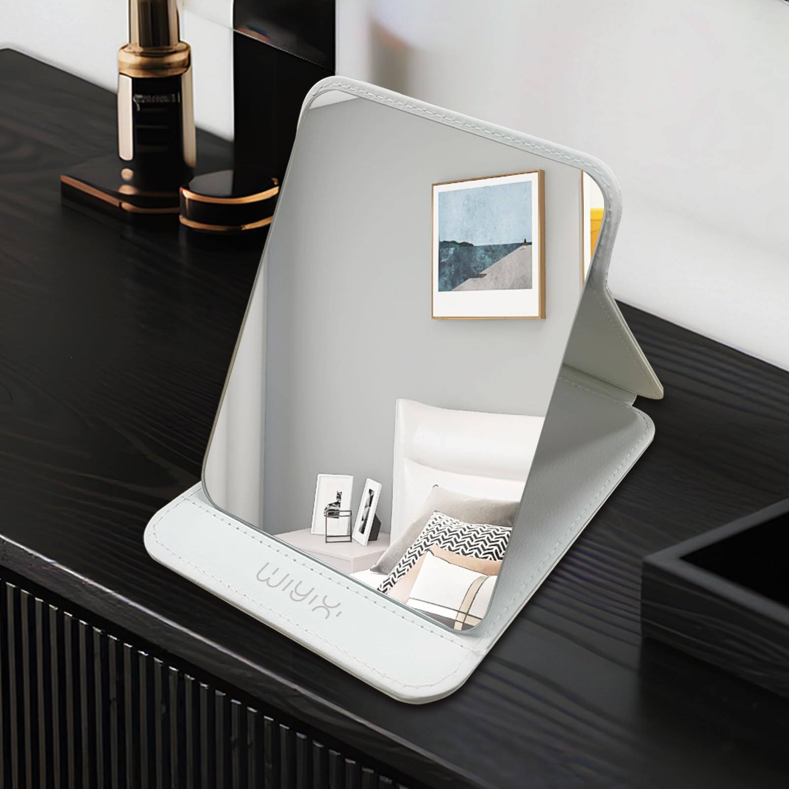 SYHITOU Foldable Travel Makeup Mirror, Adjustable Angle Portable Standing Vanity Mirror, Compact PU Leather Design for Home/Camp