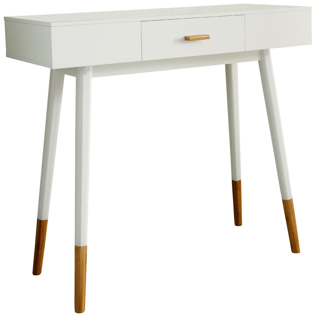 Ehemco Euro Console Sofa Table For Entryway With Drawer And Bamboo Legs In White And Dark Oak, Great For Living Room
