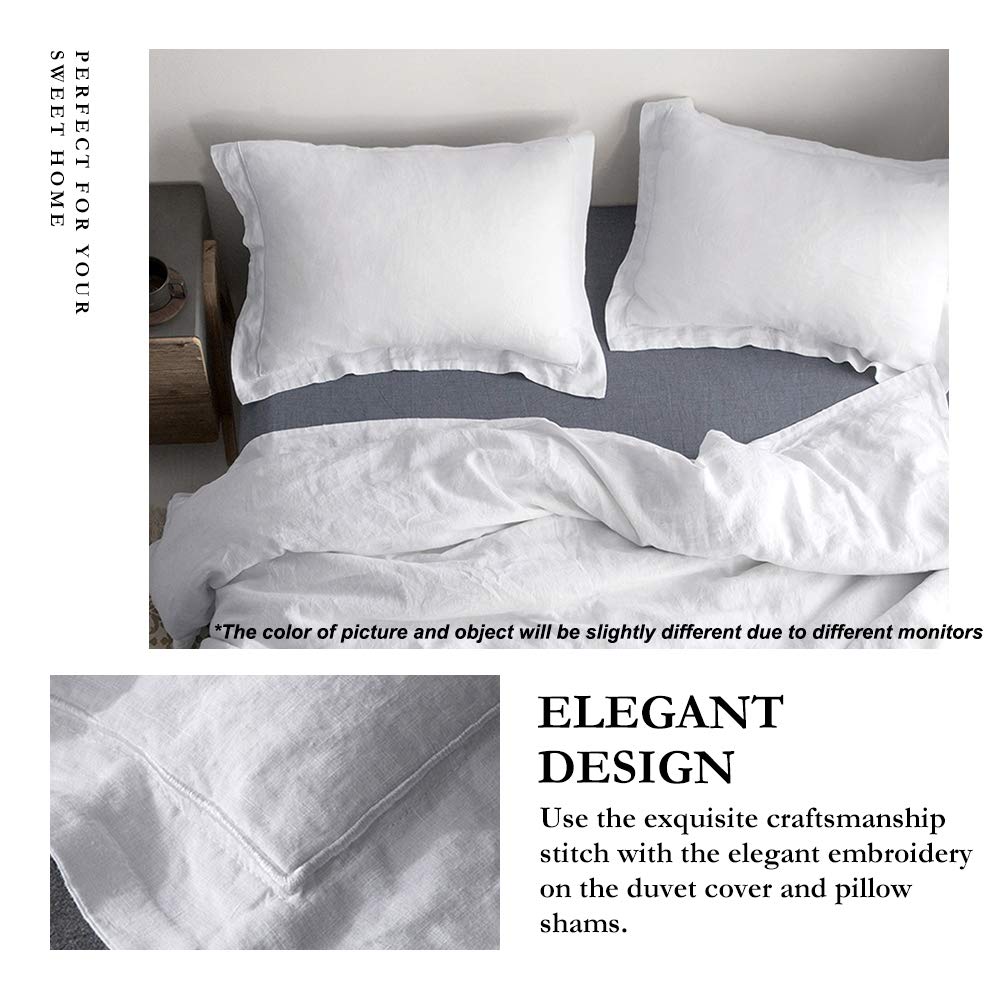 Simple&Opulence 100% Linen Duvet Cover Set With Embroidery Border Washed - 2 Pieces (1 Duvet Cover & 1 Pillow Sham) With Button Closure Soft Breathable Farmhouse - White, Twin Size
