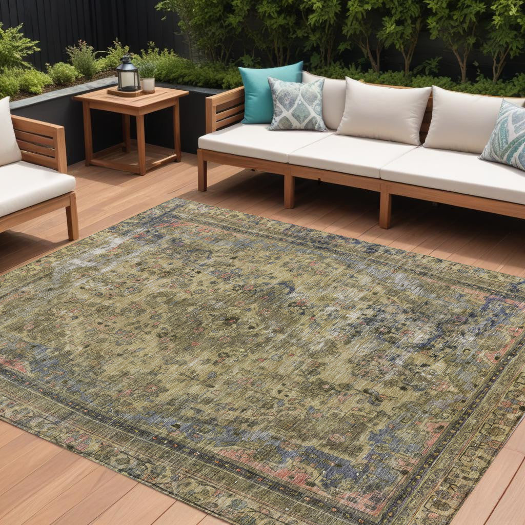 10 X 14 Artichoke Green And Denim Blue Medallion Washable Indoor Outdoor Area Rug
