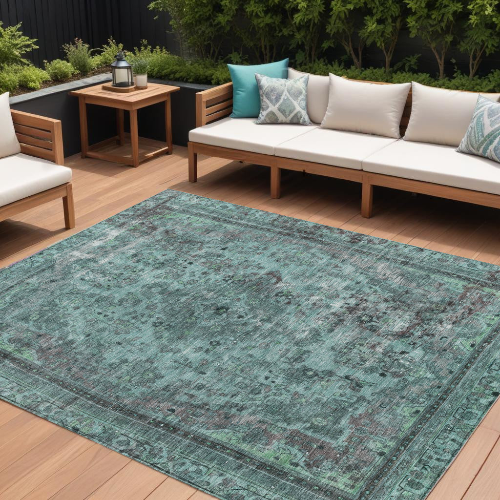 9 X 12 Teal Blue And Turquoise Medallion Washable Indoor Outdoor Area Rug