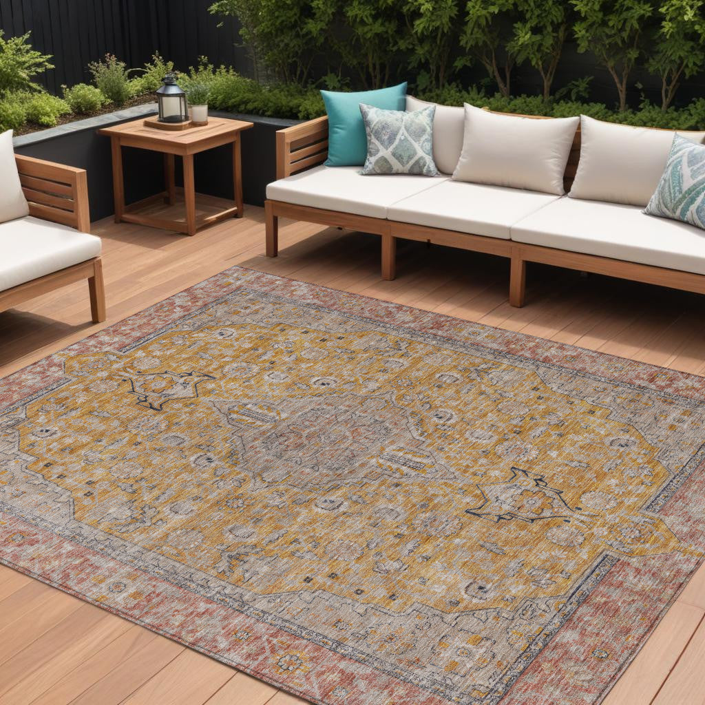10 X 14 Gold And Peach Medallion Washable Indoor Outdoor Area Rug