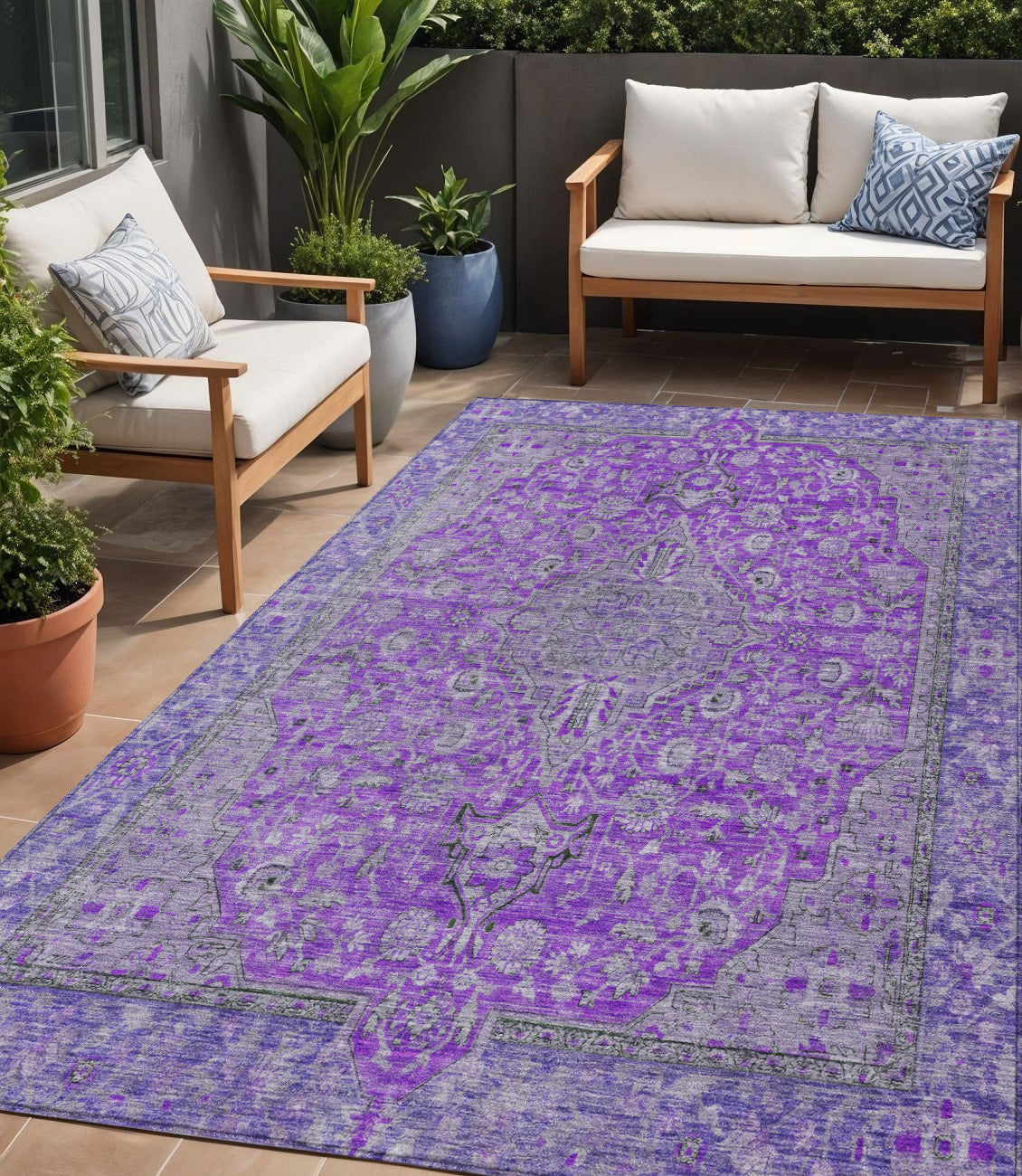 5 X 8 Purple And Gray Medallion Washable Indoor Outdoor Area Rug