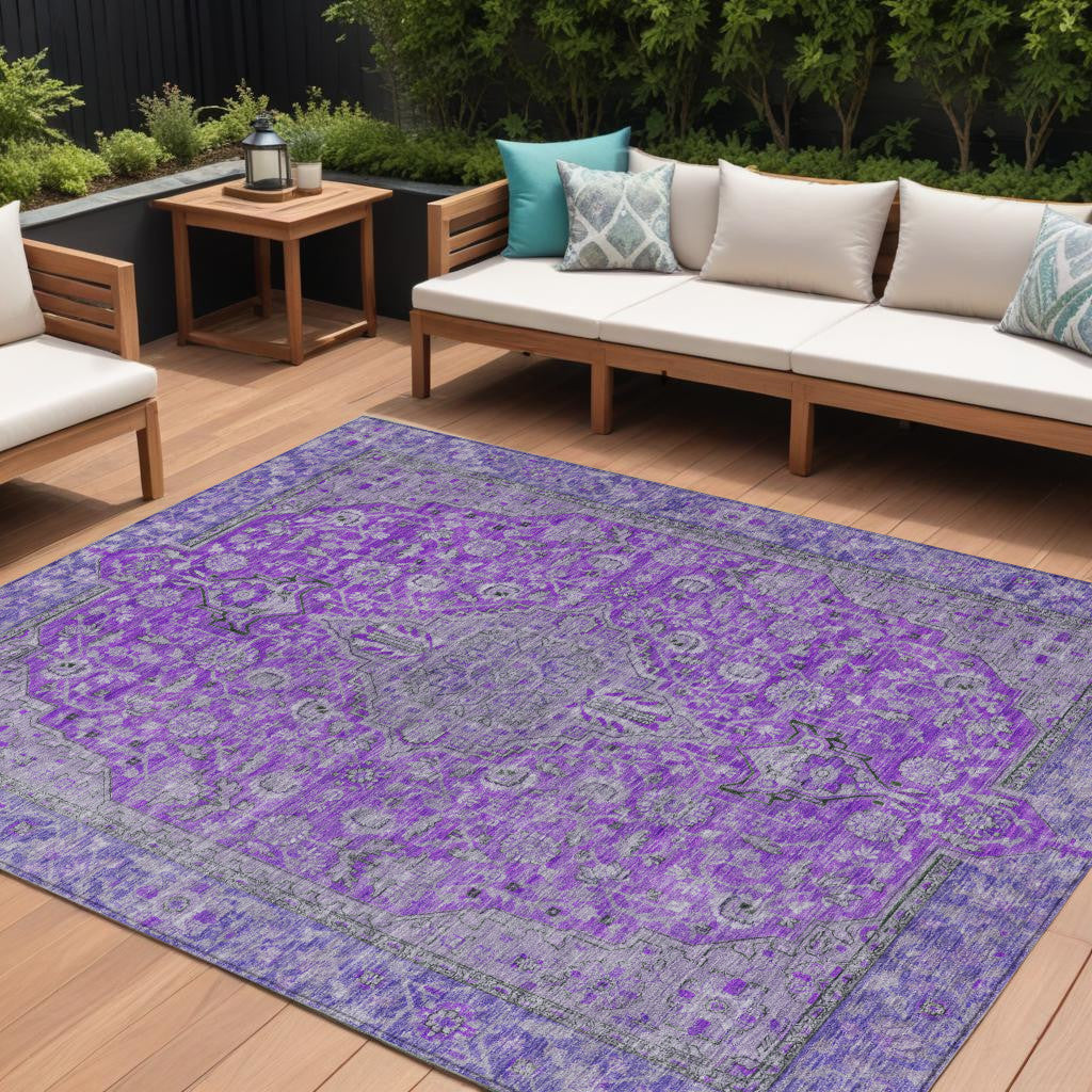 9 X 12 Purple And Gray Medallion Washable Indoor Outdoor Area Rug
