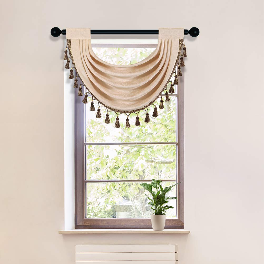 ELKCA Beige Thick Chenille Waterfall Swag Valance for Living Room Small Valance Curtains for Kitchen,Pack of 1 (Beige, 30 W x 22