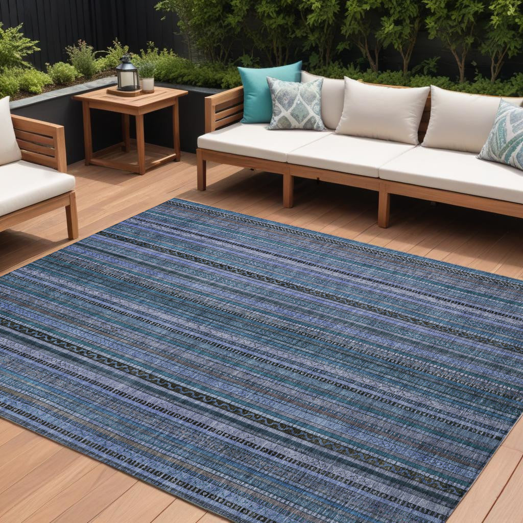 10 X 14 Blue Gray And Sky Blue Striped Washable Indoor Outdoor Area Rug