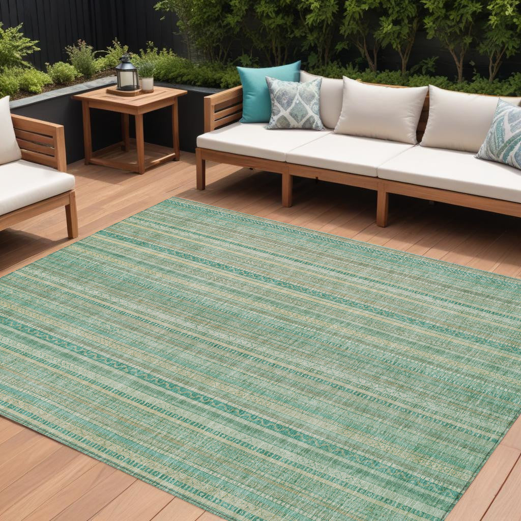 8 X 10 Aqua Beige And Teal Blue Striped Washable Indoor Outdoor Area Rug