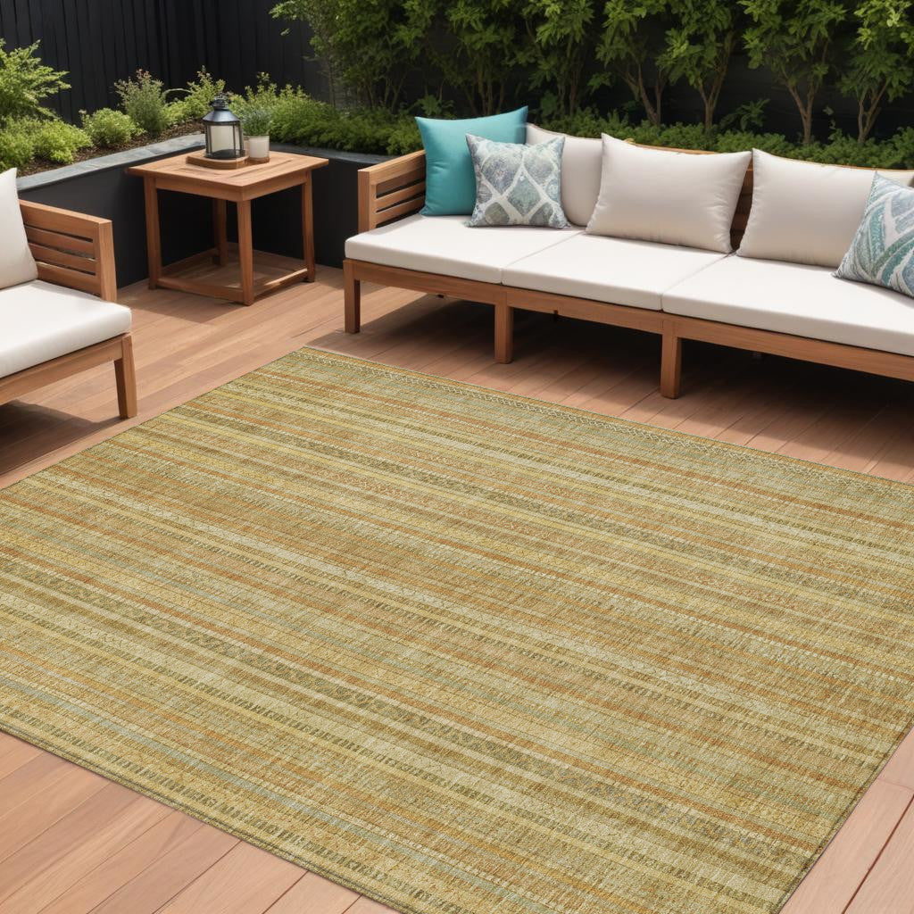 10 X 14 Wheat Gold And Beige Striped Washable Indoor Outdoor Area Rug