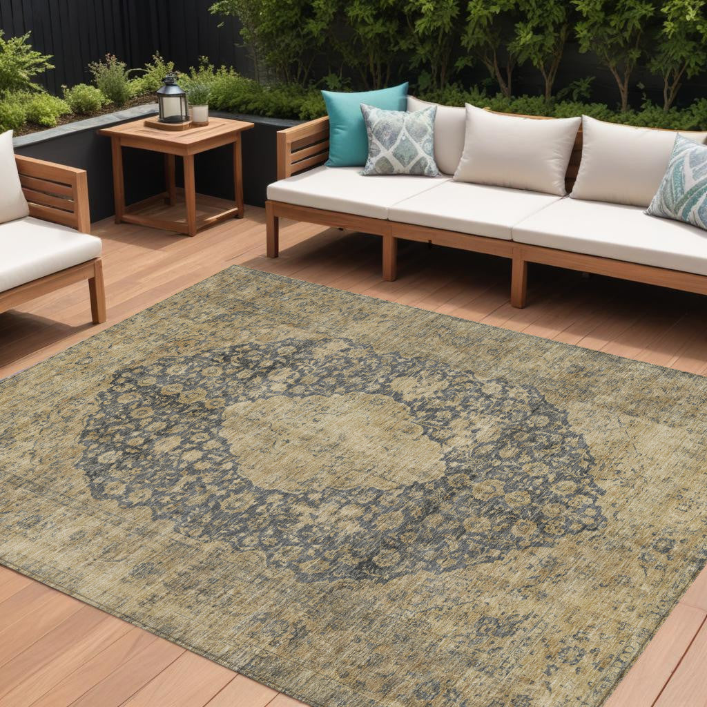 9 X 12 Charcoal And Beige Medallion Washable Indoor Outdoor Area Rug