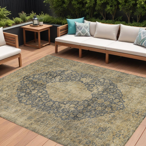 10 X 14 Charcoal And Beige Medallion Washable Indoor Outdoor Area Rug
