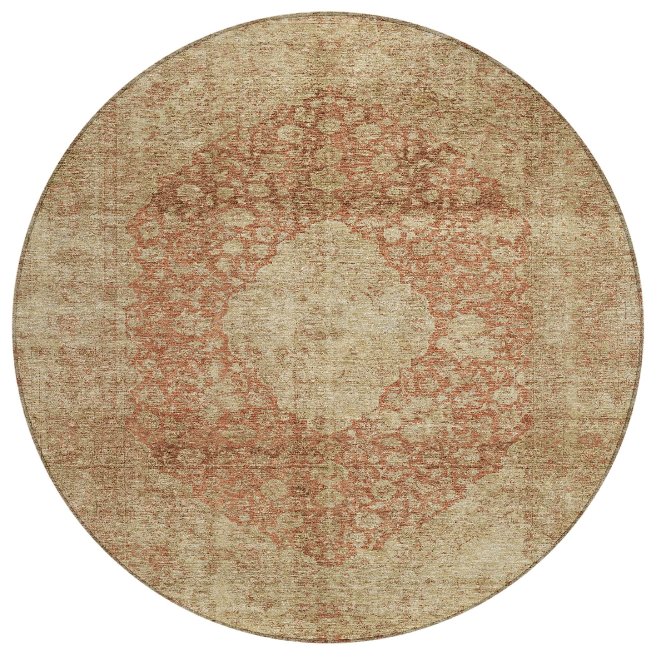 8 Rust And Beige Round Medallion Washable Indoor Outdoor Area Rug
