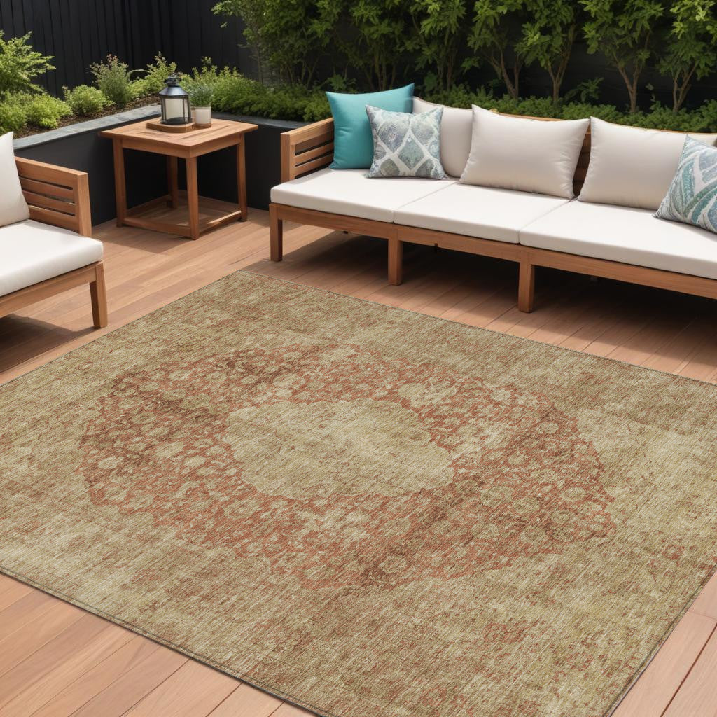 8 X 10 Rust And Beige Medallion Washable Indoor Outdoor Area Rug