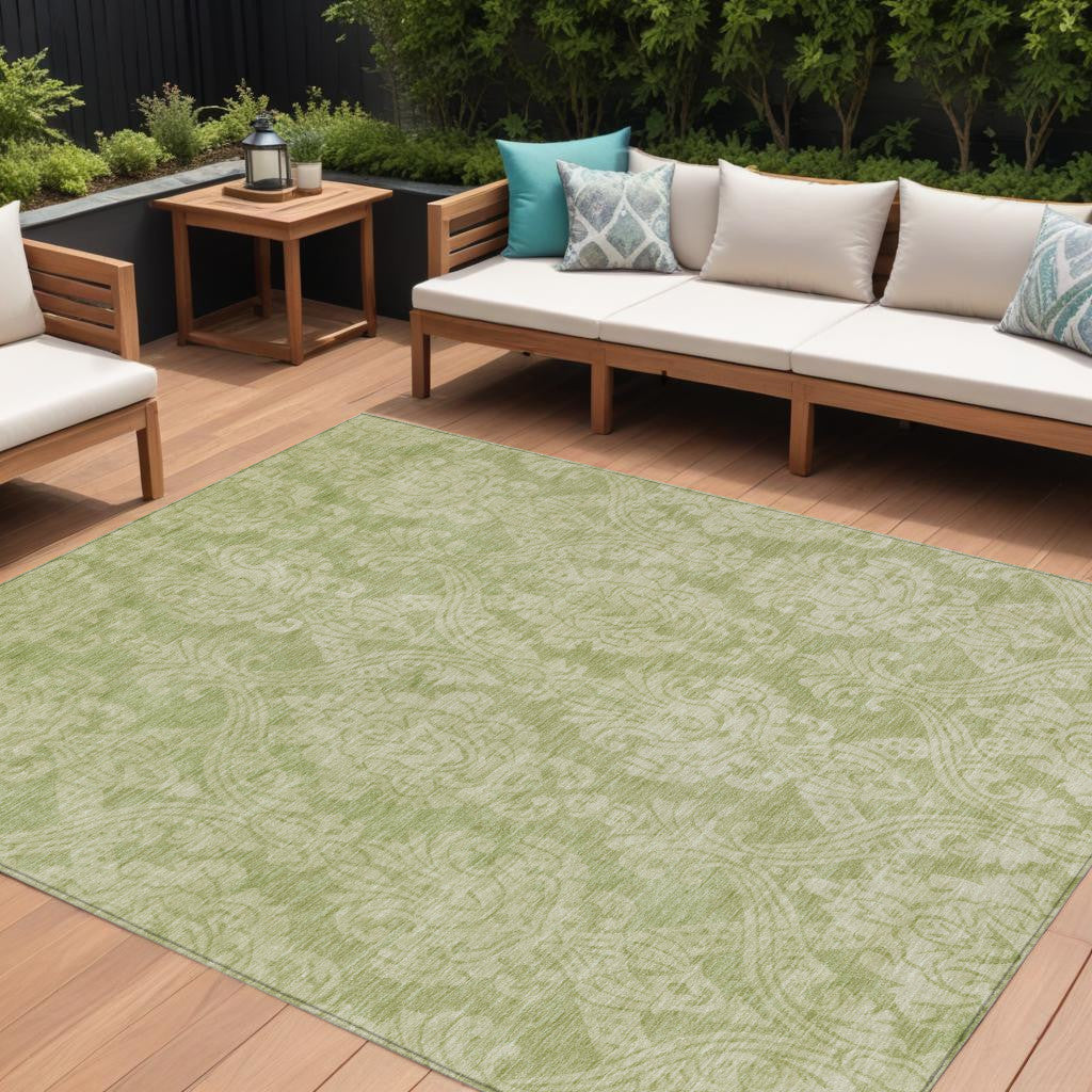 9 X 12 Artichoke Green And Beige Damask Washable Indoor Outdoor Area Rug