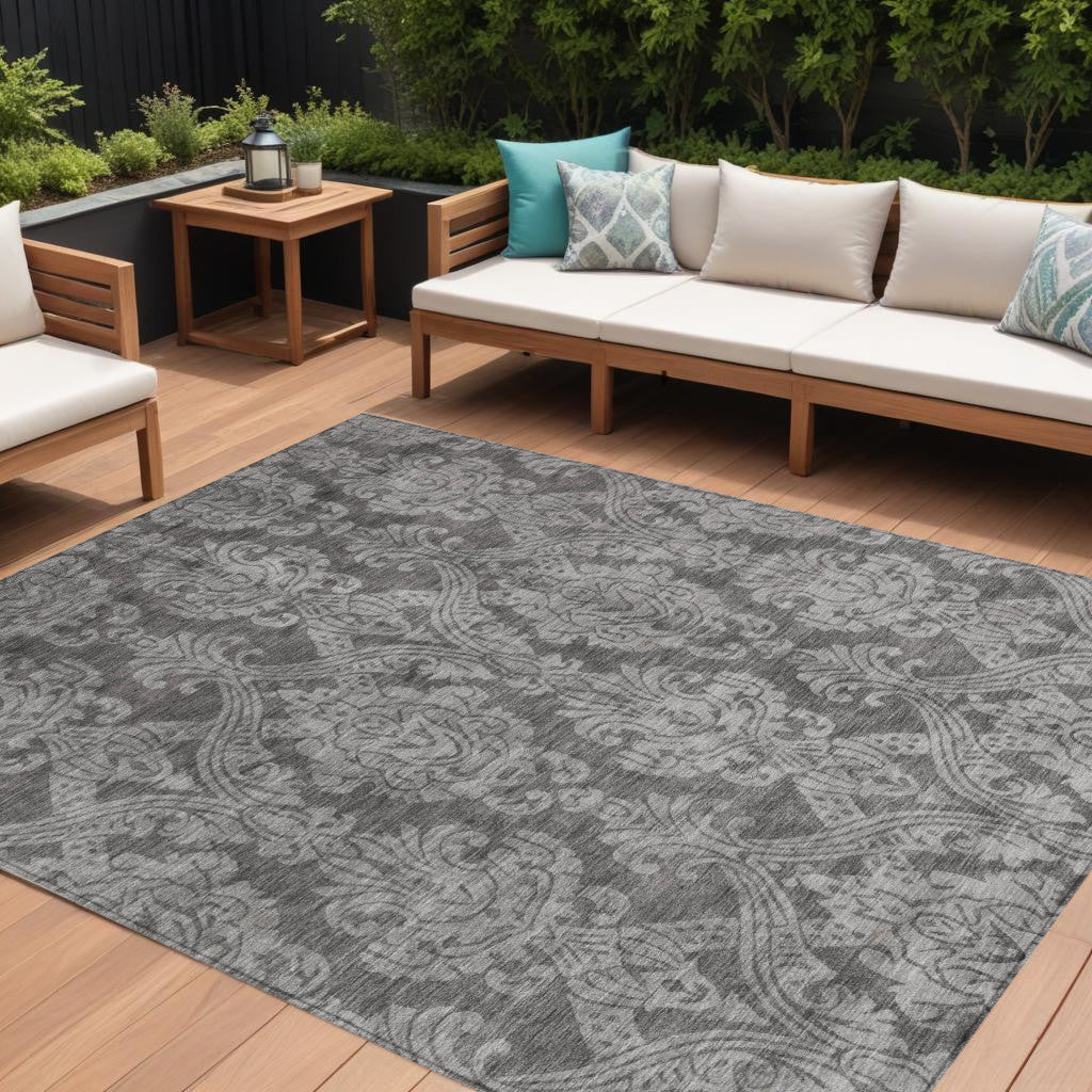 9 X 12 Gray And Pewter Damask Washable Indoor Outdoor Area Rug