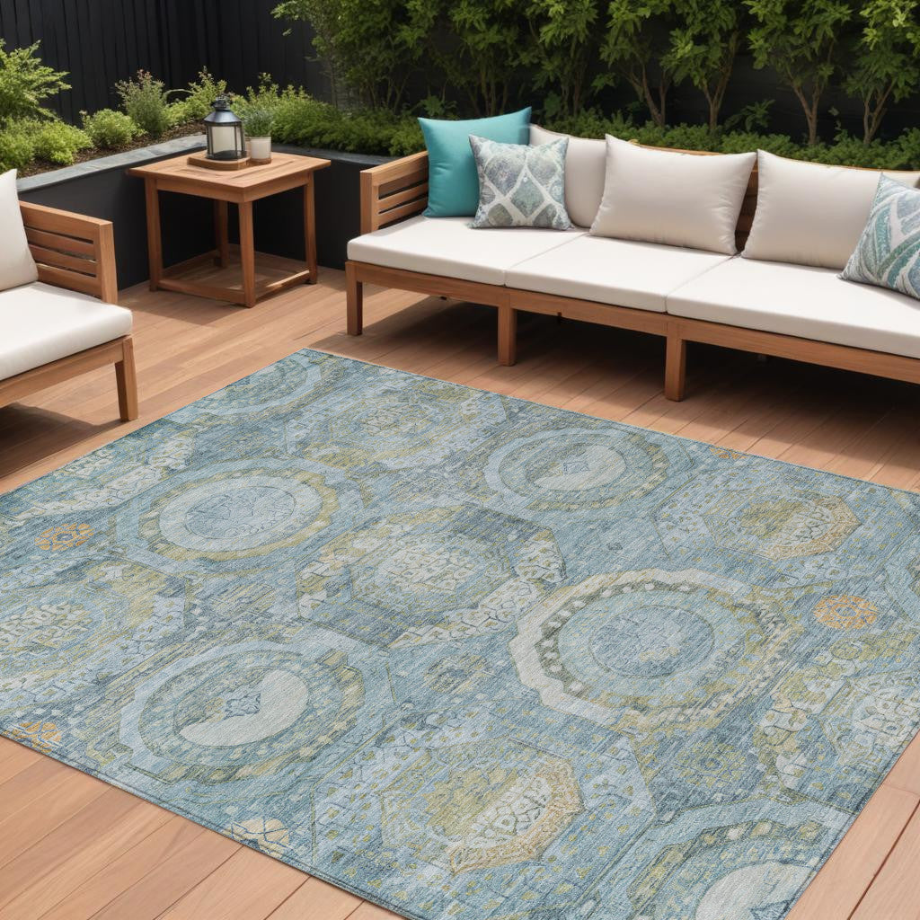 10 X 14 Blue And Gold Medallion Washable Indoor Outdoor Area Rug