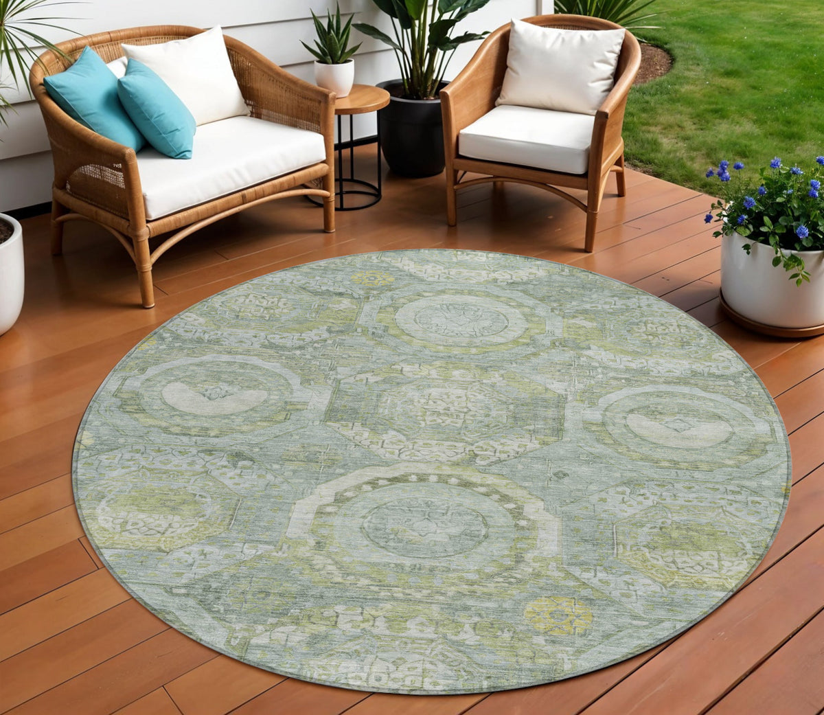 8 Sage And Gold Round Medallion Washable Indoor Outdoor Area Rug