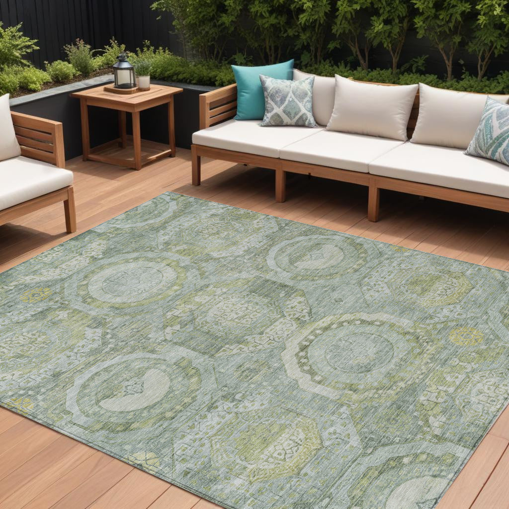 8 X 10 Sage And Gold Medallion Washable Indoor Outdoor Area Rug