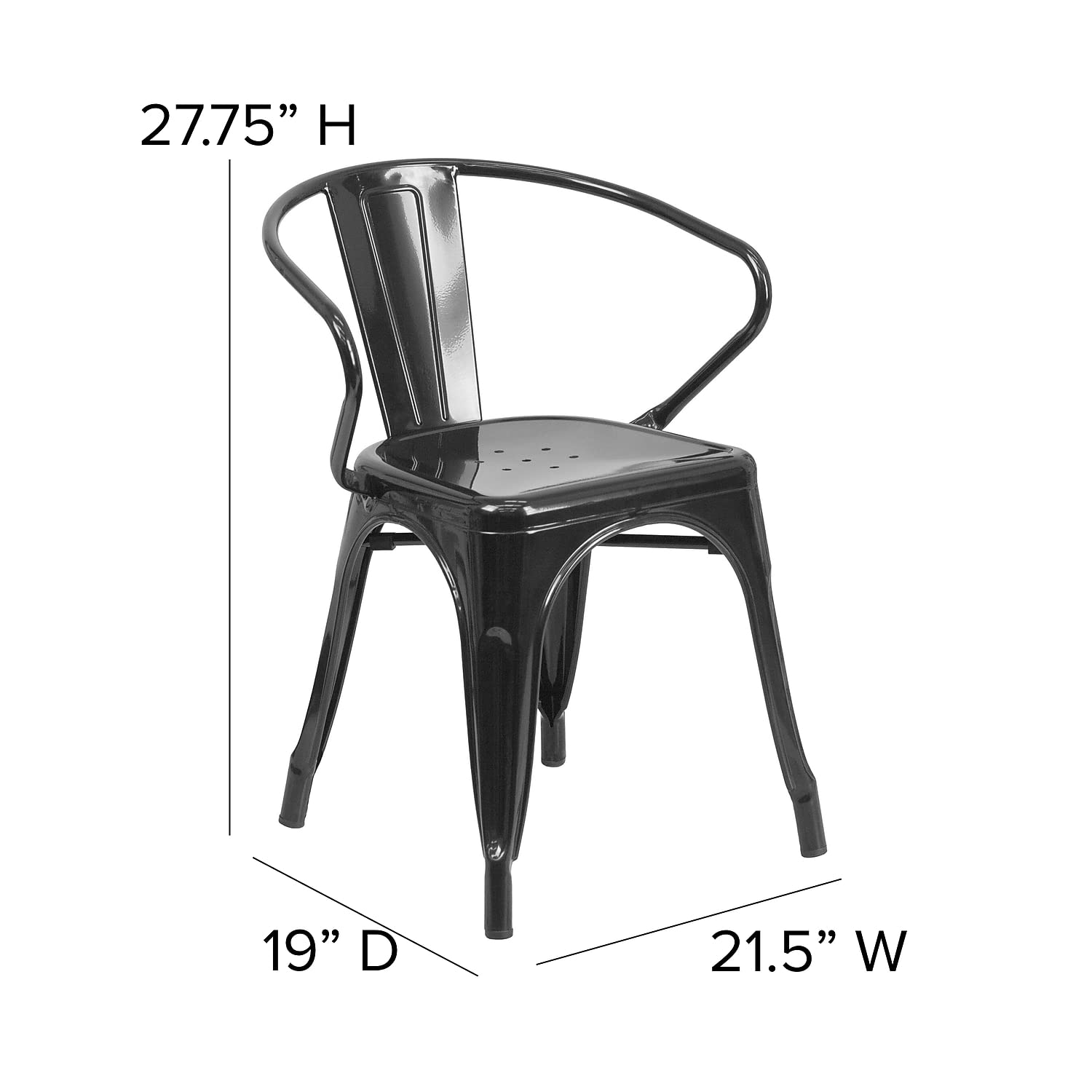 Flash Furniture Luna Commercial Grade Indoor-Outdoor Stack Chair With Arms - Black Metal Frame - Black All-Weather Polystyrene Seat - Vertical Slat Back