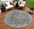 8 Charcoal And Silver Round Abstract Washable Indoor Outdoor Area Rug