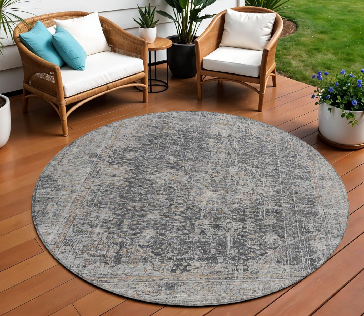 8 Charcoal And Silver Round Abstract Washable Indoor Outdoor Area Rug