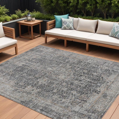 10 X 14 Charcoal And Silver Abstract Washable Indoor Outdoor Area Rug