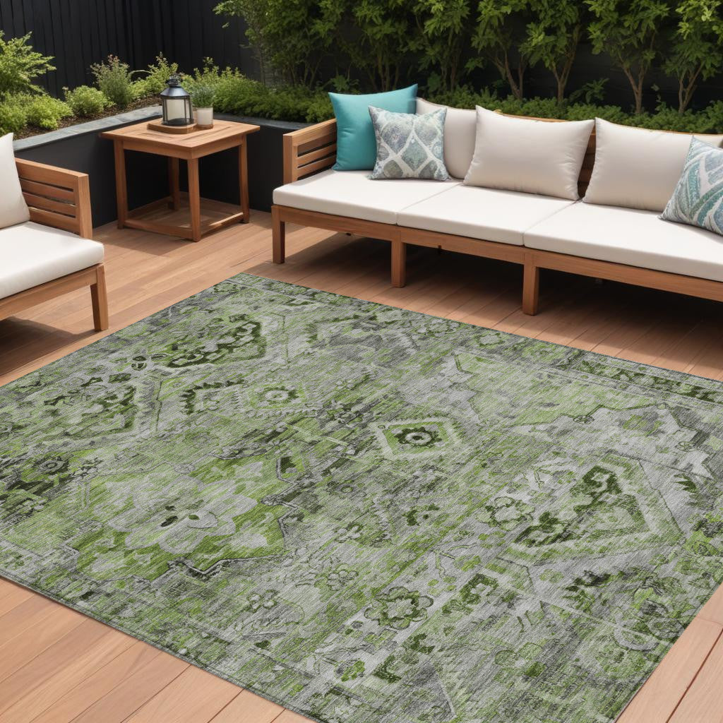 8 X 10 Artichoke Green And Gray Floral Medallion Washable Indoor Outdoor Area Rug