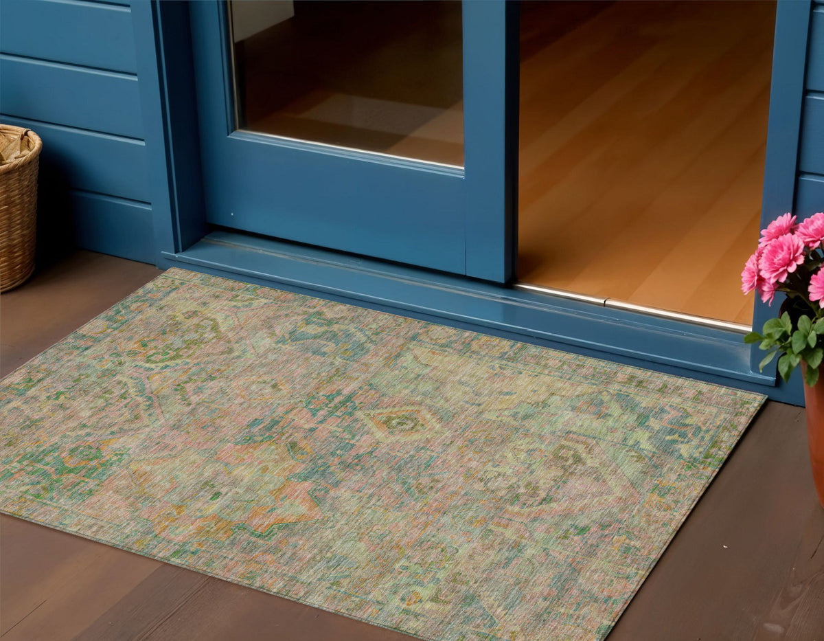 3 X 5 Green Teal Blue And Mauve Floral Medallion Washable Indoor Outdoor Area Rug