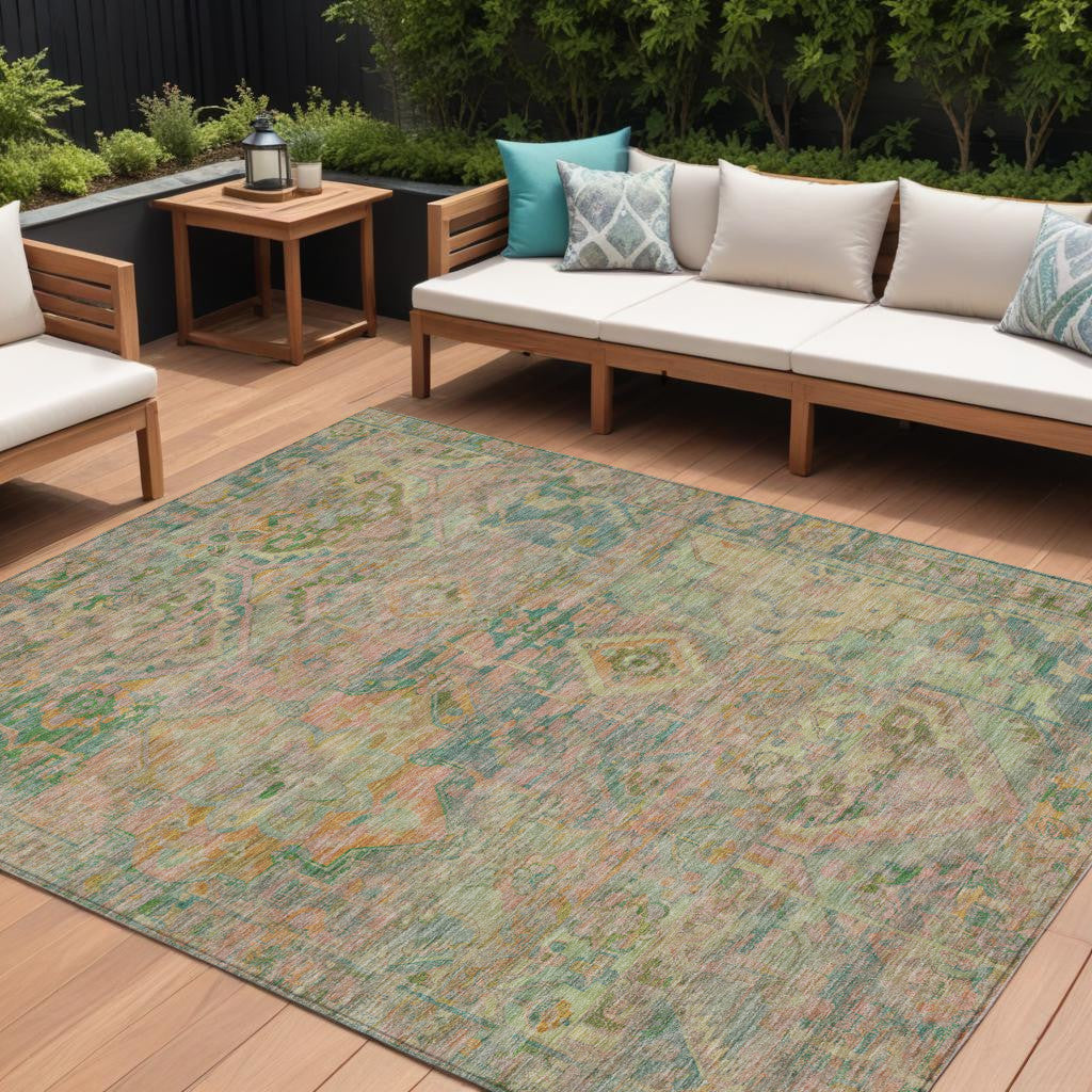 9 X 12 Green Teal Blue And Mauve Floral Medallion Washable Indoor Outdoor Area Rug