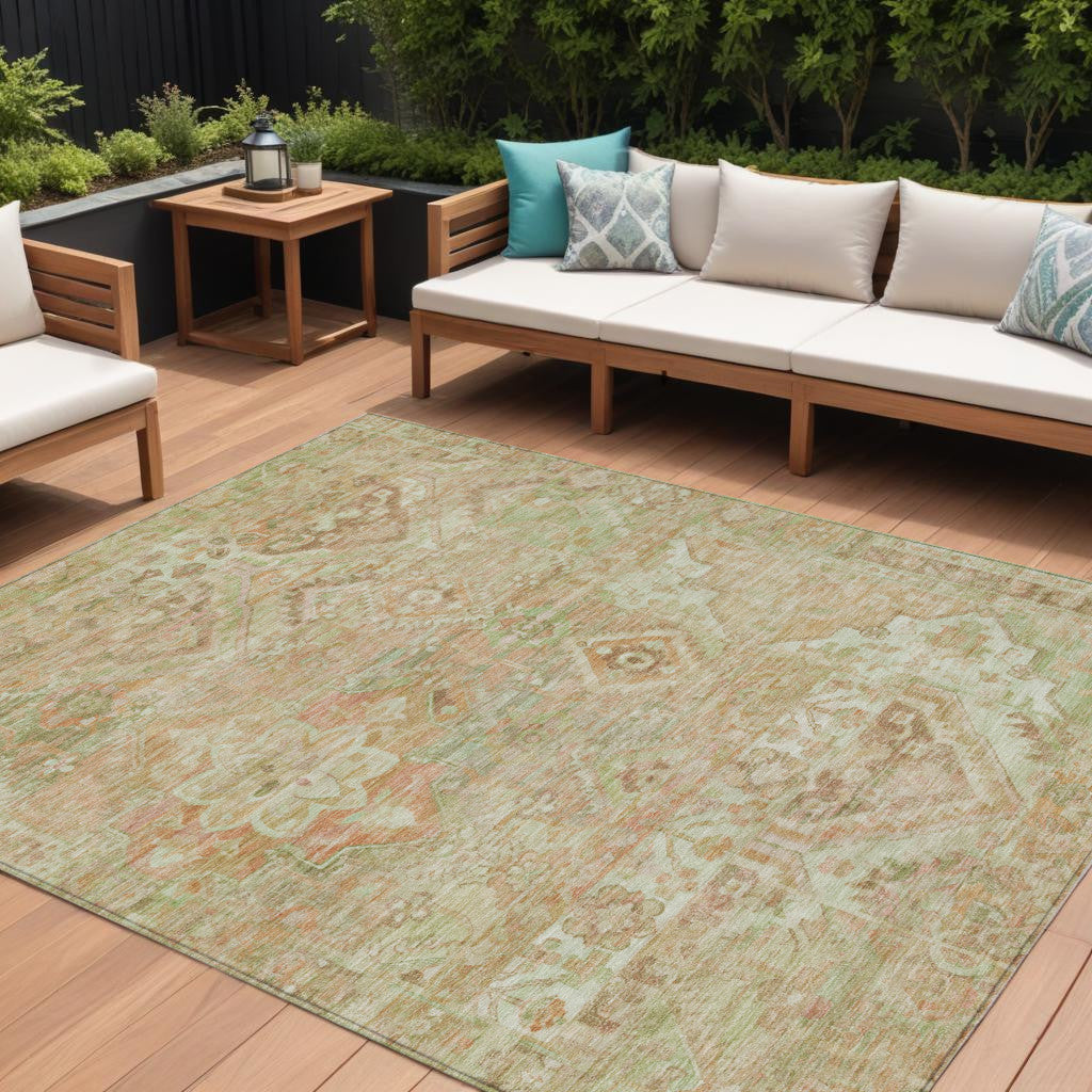 8 X 10 Salmon Fern Green And Beige Floral Medallion Washable Indoor Outdoor Area Rug