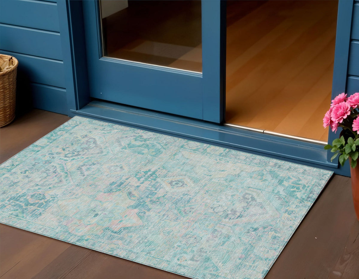 3 X 5 Teal Blue And Pink Floral Medallion Washable Indoor Outdoor Area Rug